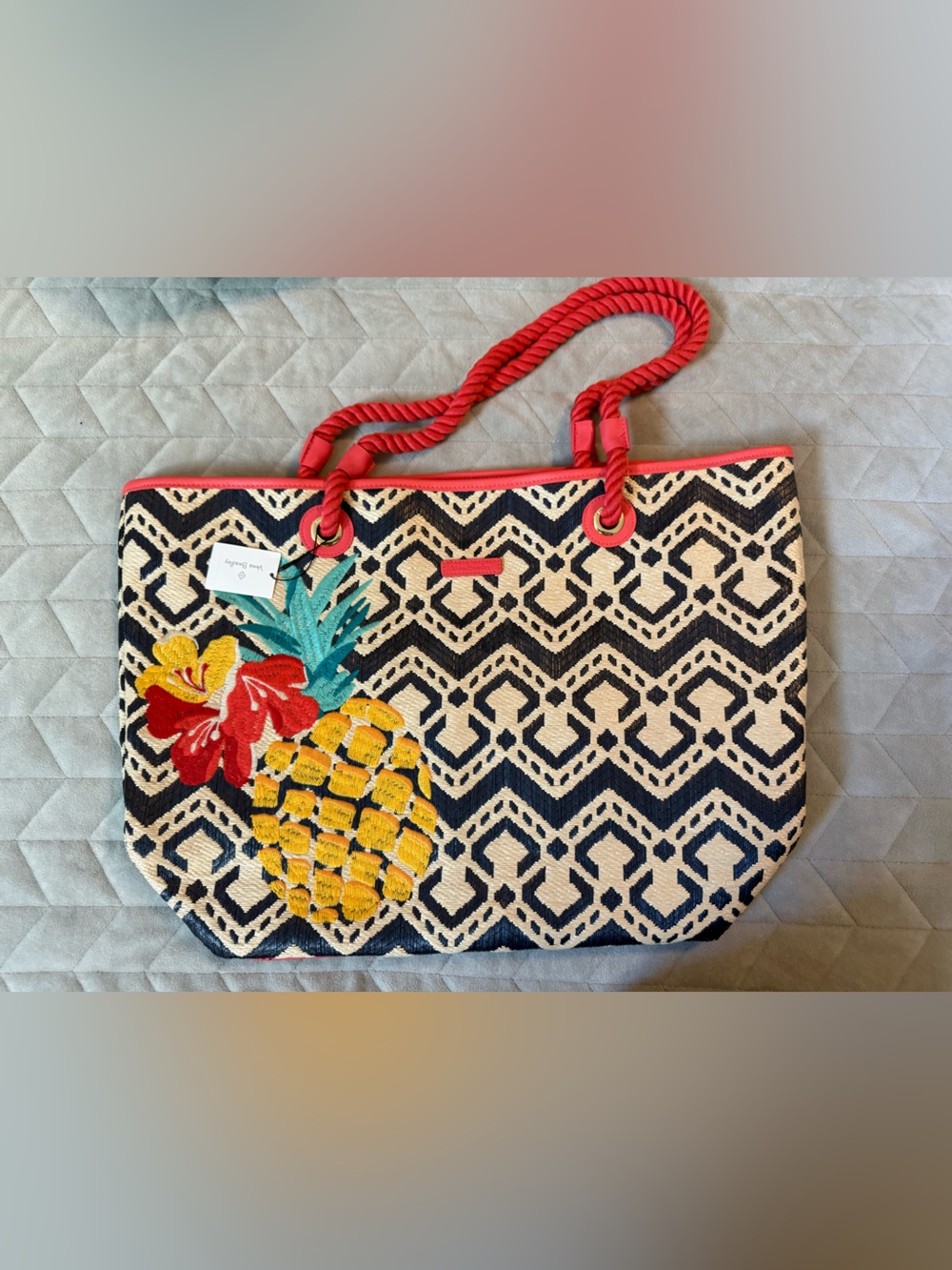 Navy Chevron Straw Embroidered Tote, Pink Rope Handles + Matching Wristlet